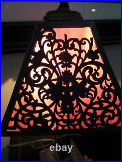 Vintage Filigree Pink Slag Glass Electric Table Lamp Art Noveau Repaired 16