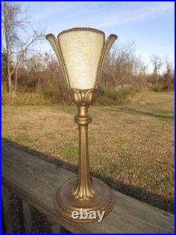 Vintage Gold Cast Metal Lamp With Slag Glass Shade