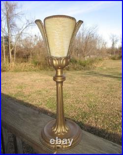 Vintage Gold Cast Metal Lamp With Slag Glass Shade Vintage Gold Cast Metal Lamp With Slag Glass Shade