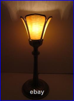 Vintage Gold Cast Metal Lamp With Slag Glass Shade