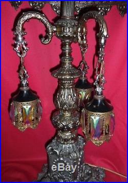 Vintage Gold Painted Tin & Slag Glass Gaudy Hollywood Regency Table Lamps
