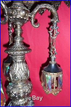 Vintage Gold Painted Tin & Slag Glass Gaudy Hollywood Regency Table Lamps