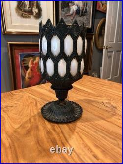 Vintage Gothic Amber Milk Glass Panel Table Lamp Ornate Filigree Slag Style