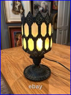 Vintage Gothic Amber Milk Glass Panel Table Lamp Ornate Filigree Slag Style