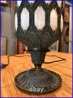 Vintage Gothic Amber Milk Glass Panel Table Lamp Ornate Filigree Slag Style