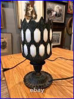 Vintage Gothic Amber Milk Glass Panel Table Lamp Ornate Filigree Slag Style