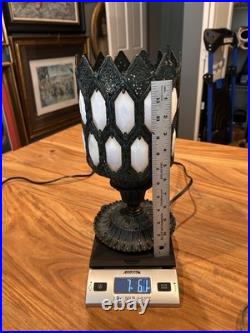 Vintage Gothic Amber Milk Glass Panel Table Lamp Ornate Filigree Slag Style
