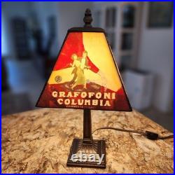 Vintage Grafofoni Columbia Art Deco Style Painted Slag Glass 14 Table Lamp
