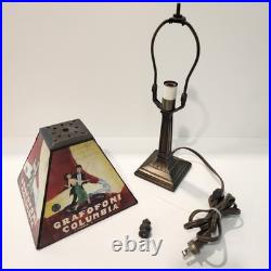 Vintage Grafofoni Columbia Art Deco Style Painted Slag Glass 14 Table Lamp