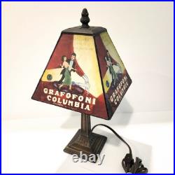 Vintage Grafofoni Columbia Art Deco Style Painted Slag Glass 14 Table Lamp