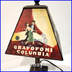 Vintage Grafofoni Columbia Art Deco Style Painted Slag Glass 14 Table Lamp