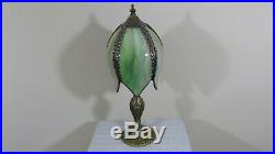 Vintage Green Marbled Tulip Slag Stained Glass Shade / Beautiful Metal Base Lamp