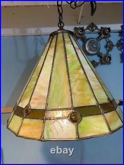 Vintage Green Slag Glass Hanging Lamp 15 Sections Works Hand Made B793
