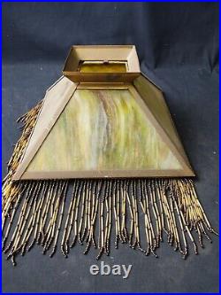 Vintage Green Slag Glass Lamp Shade Beaded Tassel Fringe