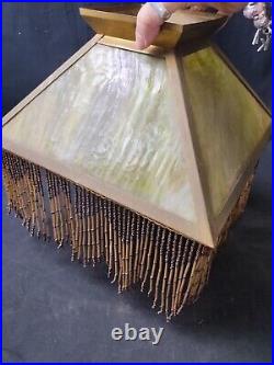 Vintage Green Slag Glass Lamp Shade Beaded Tassel Fringe