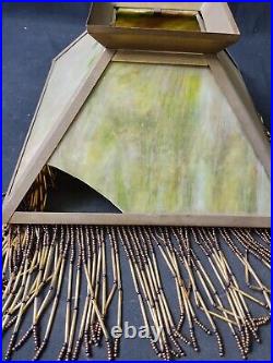 Vintage Green Slag Glass Lamp Shade Beaded Tassel Fringe