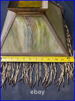 Vintage Green Slag Glass Lamp Shade Beaded Tassel Fringe