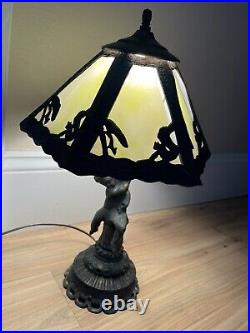 Vintage Green Slag Glass Table Lamp Cherub Base Squirrel Shade