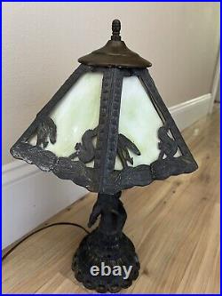 Vintage Green Slag Glass Table Lamp Cherub Base Squirrel Shade