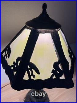 Vintage Green Slag Glass Table Lamp Cherub Base Squirrel Shade
