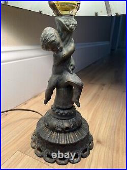Vintage Green Slag Glass Table Lamp Cherub Base Squirrel Shade