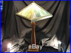 Vintage Hand Crafted Arts and Crafts Library Table Lamp Green Slag Glass Shade