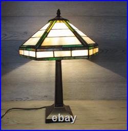 Vintage Handmade Green & White Slag Glass Shade Metal Table Lamp 22x14