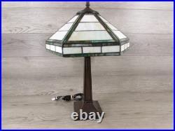 Vintage Handmade Green & White Slag Glass Shade Metal Table Lamp 22x14
