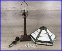 Vintage Handmade Green & White Slag Glass Shade Metal Table Lamp 22x14