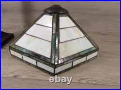 Vintage Handmade Green & White Slag Glass Shade Metal Table Lamp 22x14