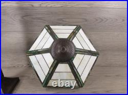 Vintage Handmade Green & White Slag Glass Shade Metal Table Lamp 22x14