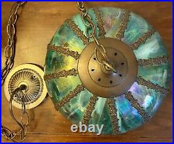 Vintage Hanging Lamp Slag Glass Blue Green Iridescent Metal Rose12
