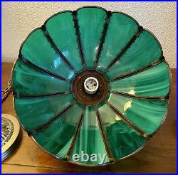 Vintage Hanging Lamp Slag Glass Blue Green Iridescent Metal Rose12