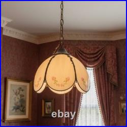 Vintage Hanging Lamp Swag Light Slag Glass Panels Rose Flowers 12' Chain Rewired