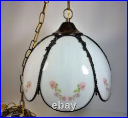 Vintage Hanging Lamp Swag Light Slag Glass Panels Rose Flowers 12' Chain Rewired