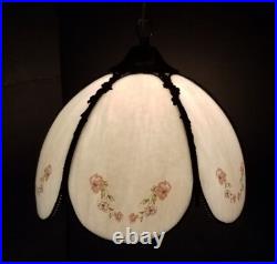 Vintage Hanging Lamp Swag Light Slag Glass Panels Rose Flowers 12' Chain Rewired