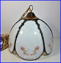 Vintage Hanging Lamp Swag Light Slag Glass Panels Rose Flowers 12' Chain Rewired