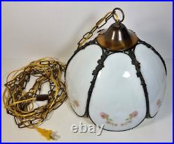 Vintage Hanging Lamp Swag Light Slag Glass Panels Rose Flowers 12' Chain Rewired