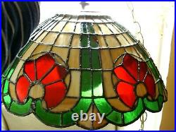 Vintage Hanging Leaded Stained Slag Glass Tiffany Style Swag Lamp Red Green 16