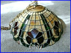 Vintage Hanging Leaded Stained Slag Glass Tiffany Style Swag Lamp Red Green 16