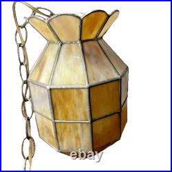 Vintage Hanging Swag Lamp Light Slag Stained Glass MCM 1970s Browns Rare Shape 9