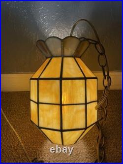 Vintage Hanging Swag Lamp Light Slag Stained Glass MCM 1970s Browns Rare Shape 9