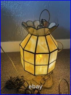 Vintage Hanging Swag Lamp Light Slag Stained Glass MCM 1970s Browns Rare Shape 9