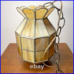 Vintage Hanging Swag Lamp Light Slag Stained Glass MCM 1970s Browns Rare Shape 9