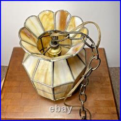 Vintage Hanging Swag Lamp Light Slag Stained Glass MCM 1970s Browns Rare Shape 9