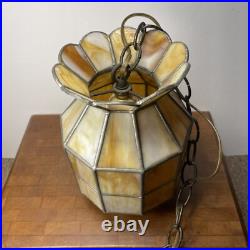 Vintage Hanging Swag Lamp Light Slag Stained Glass MCM 1970s Browns Rare Shape 9