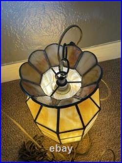 Vintage Hanging Swag Lamp Light Slag Stained Glass MCM 1970s Browns Rare Shape 9