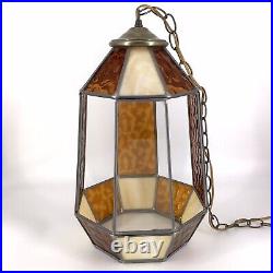 Vintage Hanging Terrarium Planter Swag Lamp Light Stained Slag Glass MCM 1970s