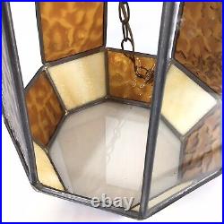 Vintage Hanging Terrarium Planter Swag Lamp Light Stained Slag Glass MCM 1970s
