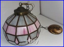 Vintage Hanging Tiffany Style Pink Stained Slag Glass Shade Hanging Light Lamp